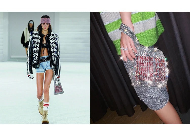 Model with Bling 'Runway' Tote, bold stylish accessory.