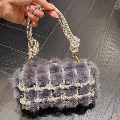 Top view of Soirée Éclat Clutch in Lavande de Luxe, with lavender fur and grid pattern.