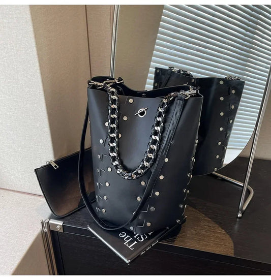 Studded Leather Chain Tote - The Lux Muse