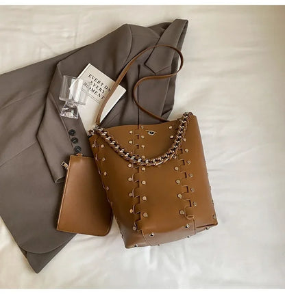 Studded Leather Chain Tote - The Lux Muse