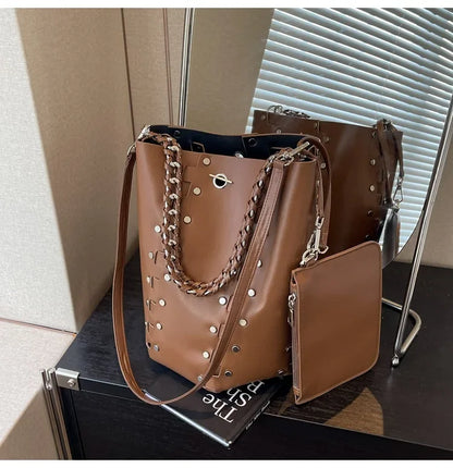 Studded Leather Chain Tote - The Lux Muse