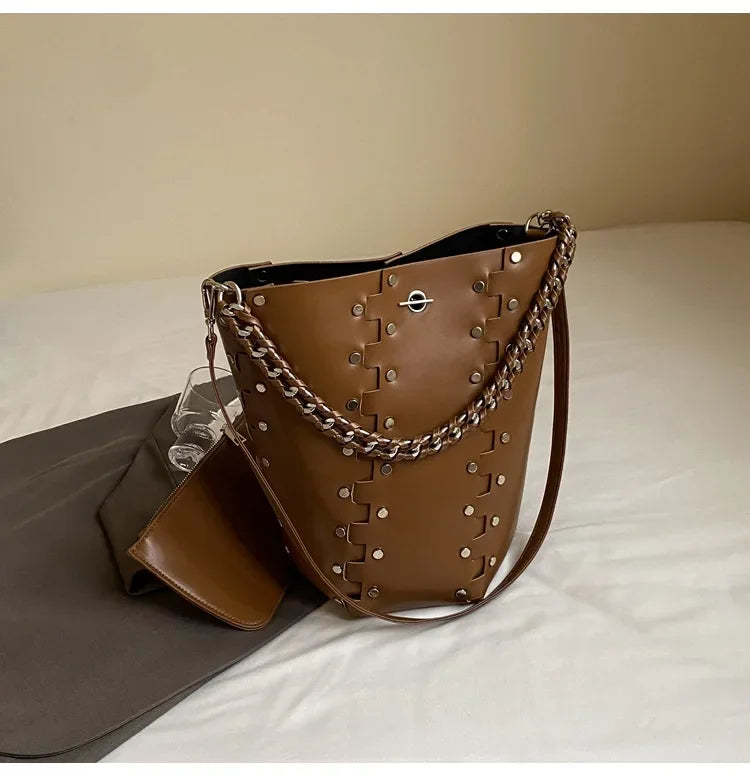 Studded Leather Chain Tote - The Lux Muse